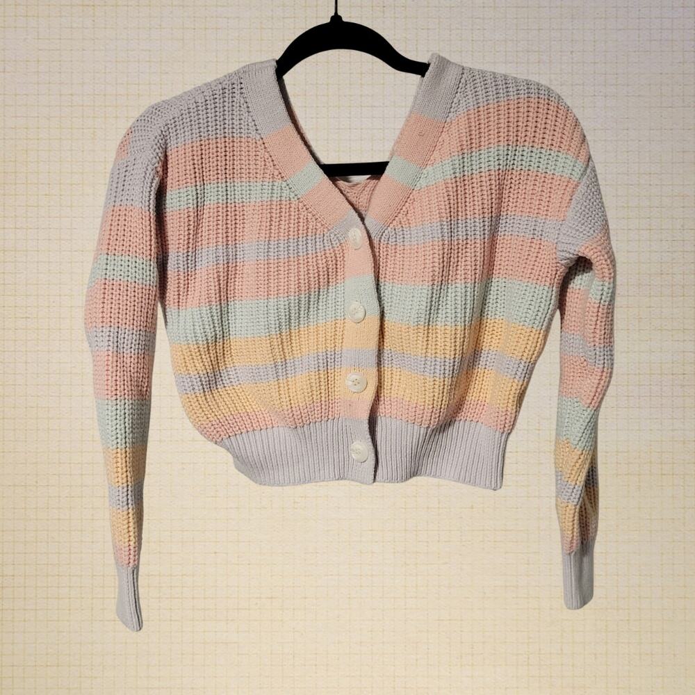 2000s Kidcore Pastel Striped Cropped Knit Cardigan Moon and Madison S Cotton Bls